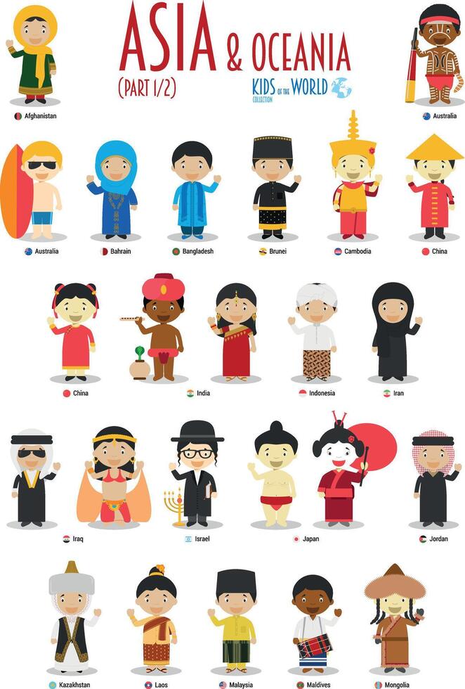 kinderen en nationaliteiten van de wereld . Azië en Oceanië reeks 1 van 2. reeks van 24 tekens gekleed in verschillend nationaal kostuums. vector