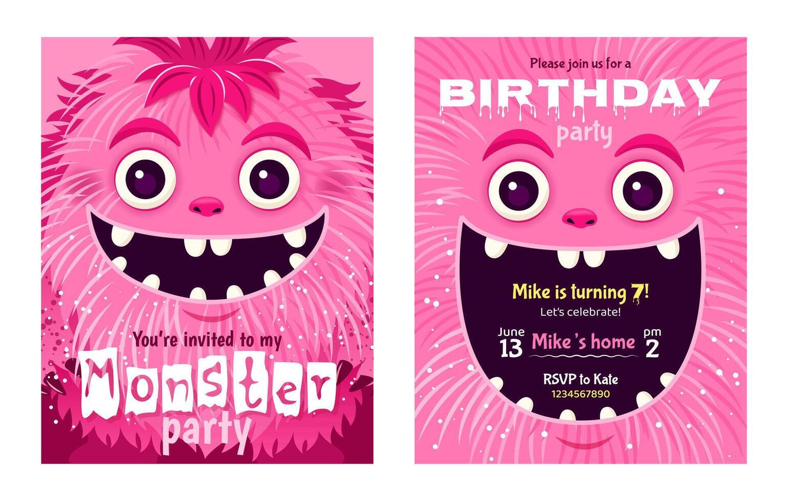 monster partij uitnodiging set. gelukkig verjaardag groet kaarten. feestelijk ansichtkaarten met een pluizig tekenfilm monster. ontwerp met een schattig schepsel voor uw viering evenement. gelaagde sjabloon. vector