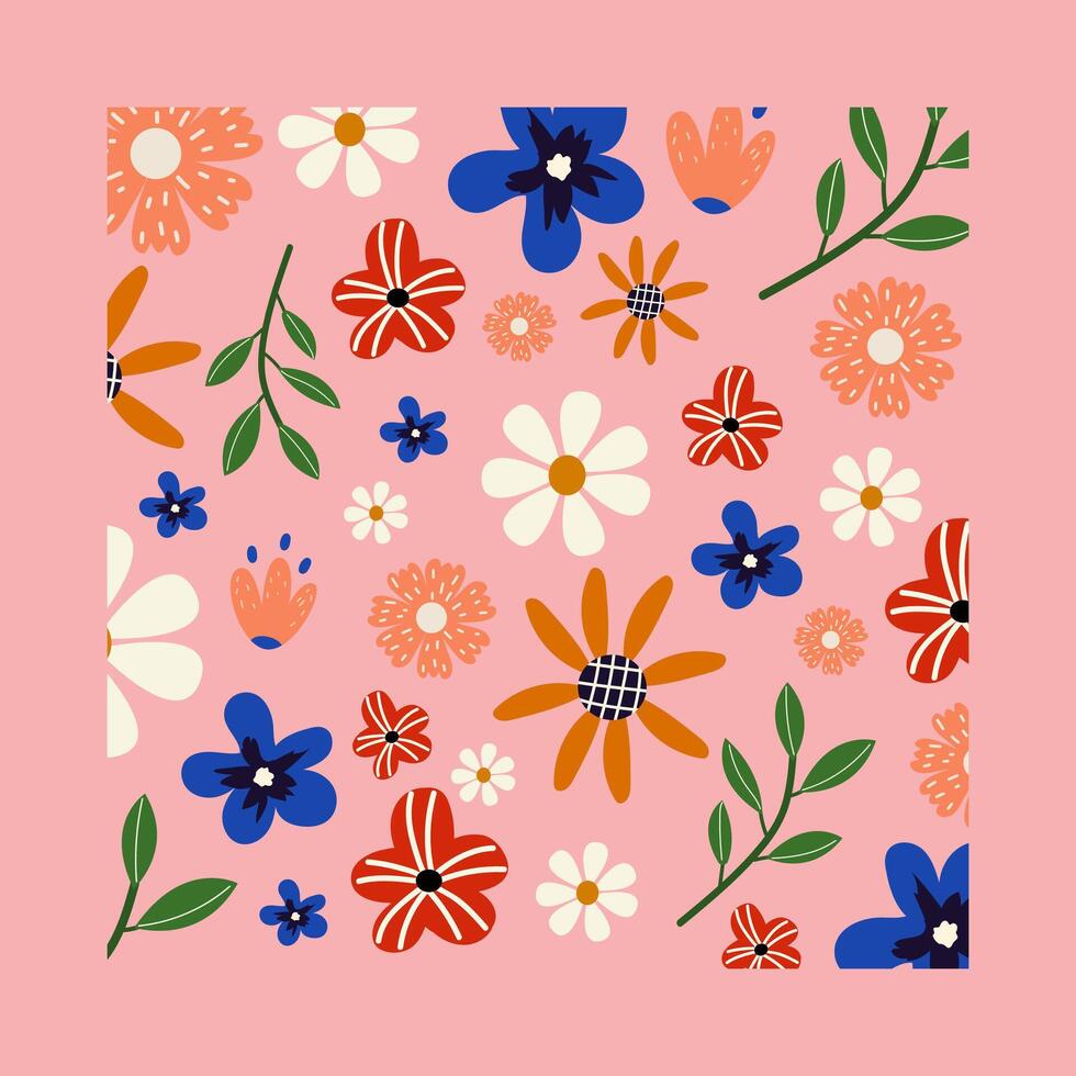 schattig bloemen achtergrond. lente, zomer illustratie. verschillend bloemen in hand- getrokken stijl Aan roze achtergrond. vector