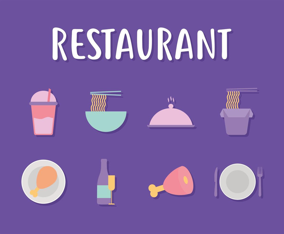 restaurantbelettering met een bundel restaurantpictogrammen vector