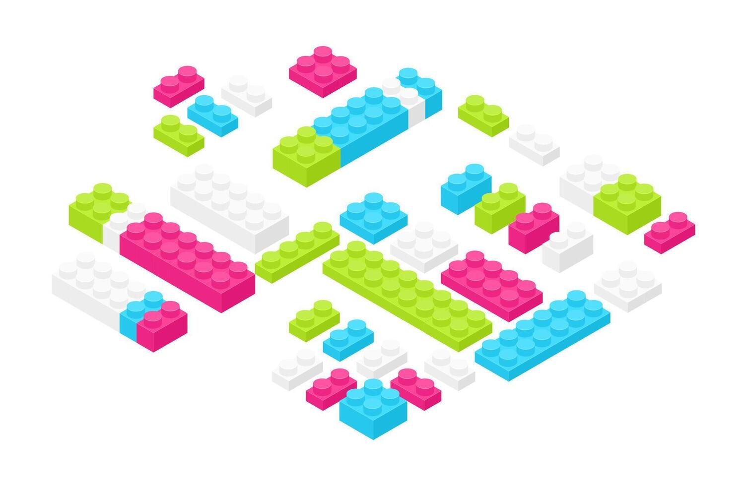 isometrische kleurrijk plastic bouw details, onderdelen of stukken geïsoleerd Aan wit achtergrond. helder in elkaar grijpende speelgoed- bakstenen of gebouw blokken. construeren reeks voor kinderen. illustratie. vector