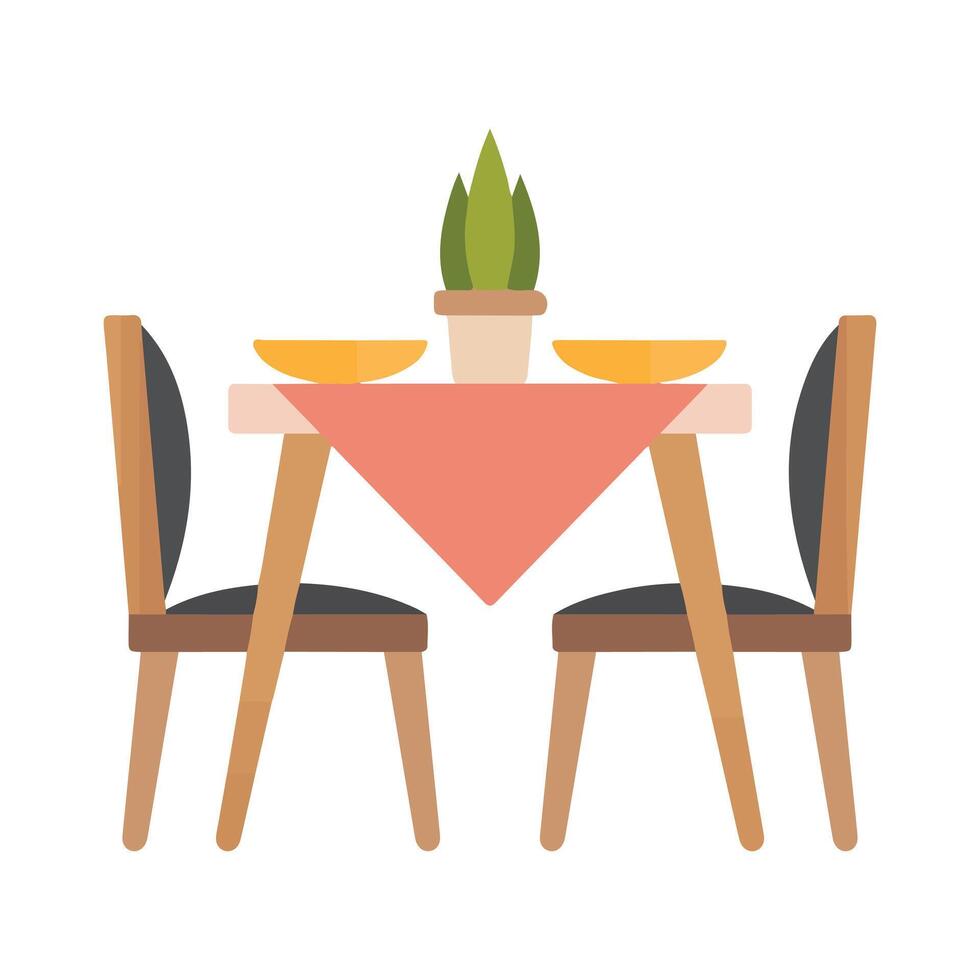 huis vraagt zich af geïllustreerd tafel benodigdheden, inclusief stoelen, platen, en bloemen vector