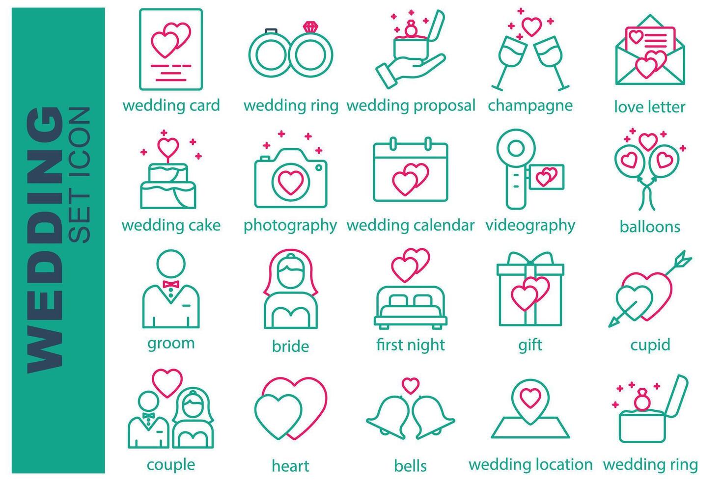 bruiloft icoon set. bruidegom, bruid, Cupido, bruiloft kaart en meer. lijn icoon stijl. bruiloft element illustratie vector