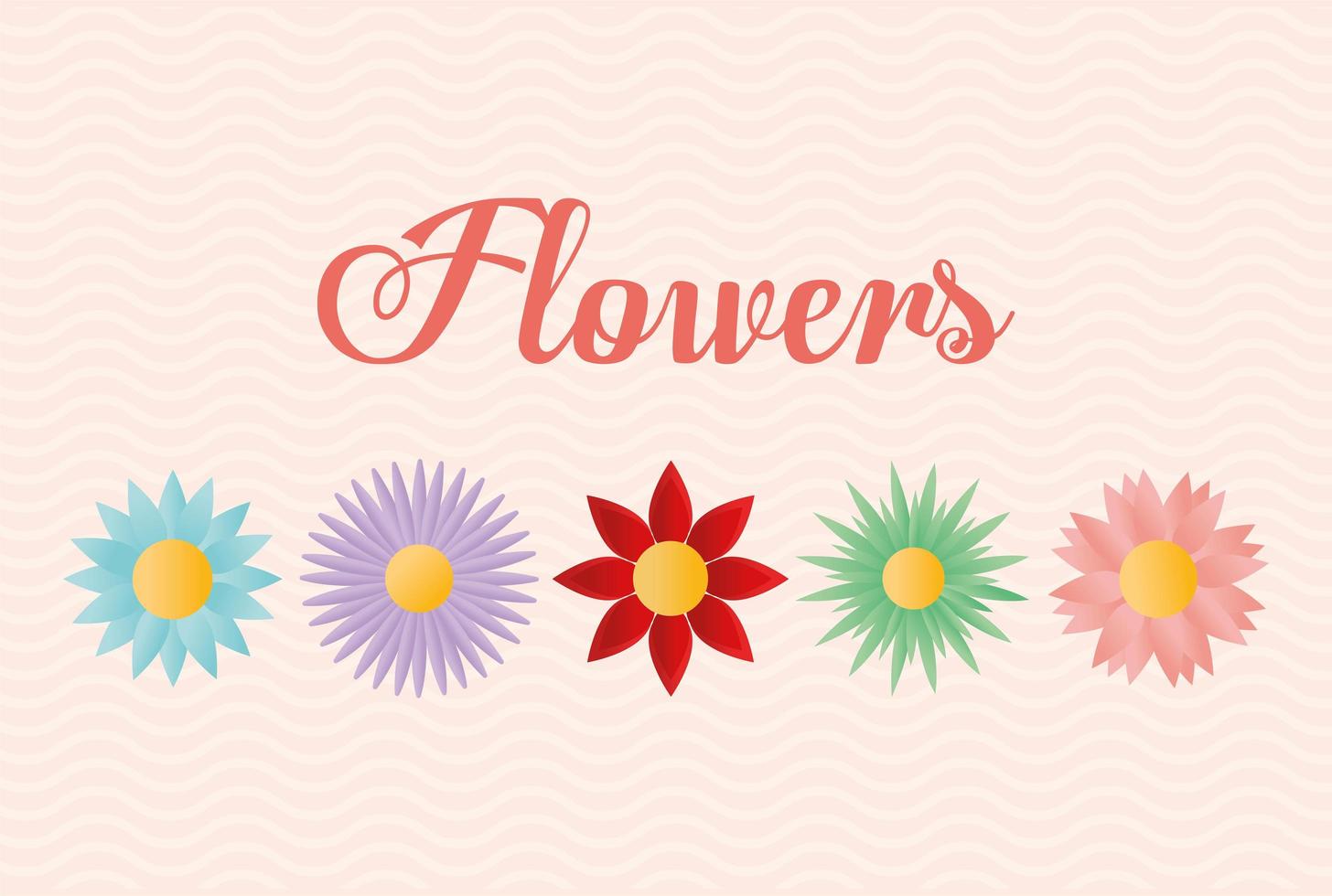 bloemen belettering met set van bloemen pictogrammen op een roze achtergrond vector