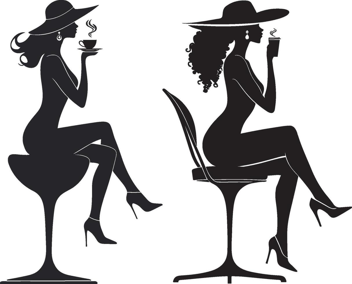 silhouet van een vrouw vervelend een hoed en zittend Aan een stoel met een kop van koffie vector