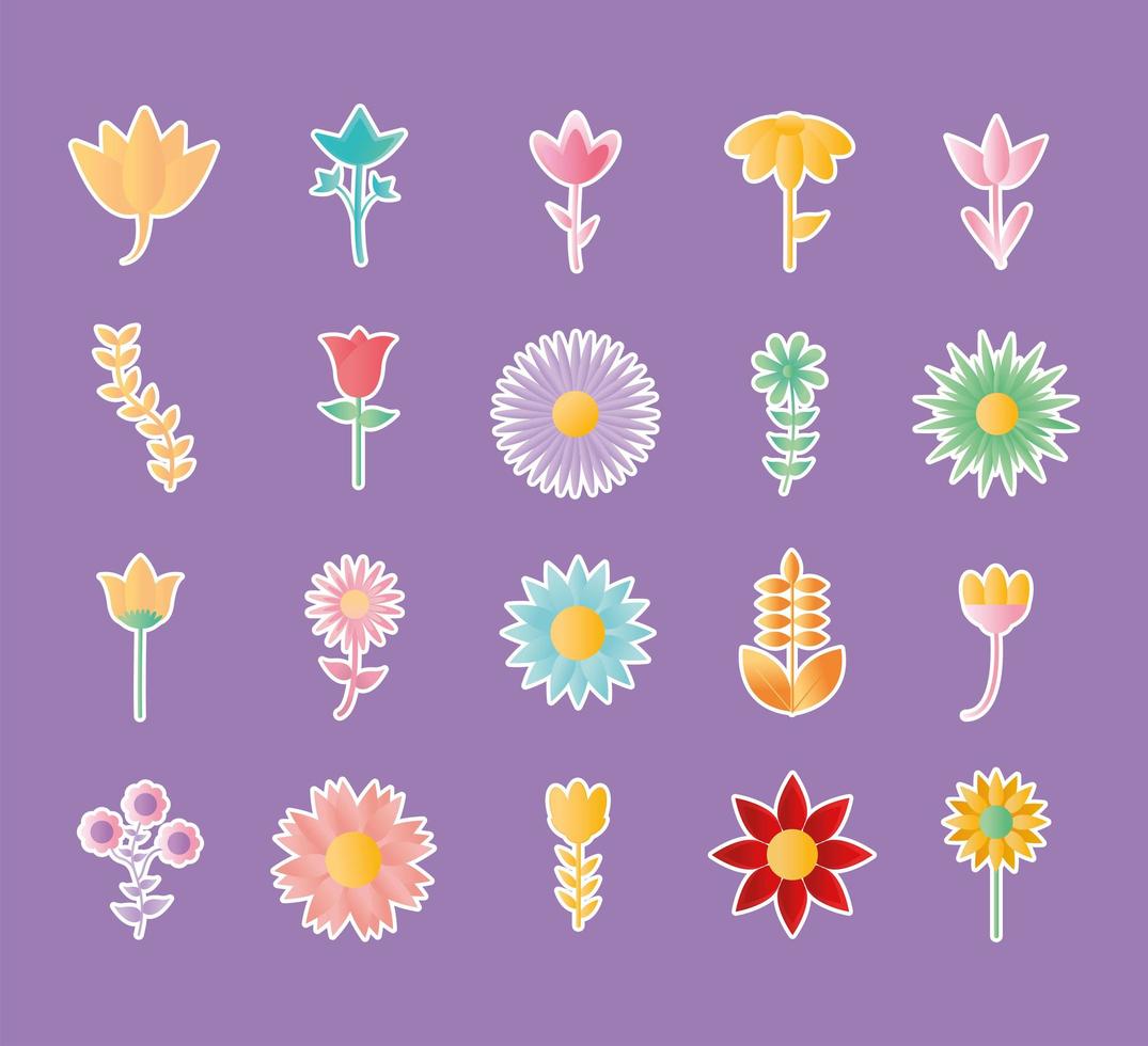 set van bloemen pictogrammen op een paarse achtergrond vector