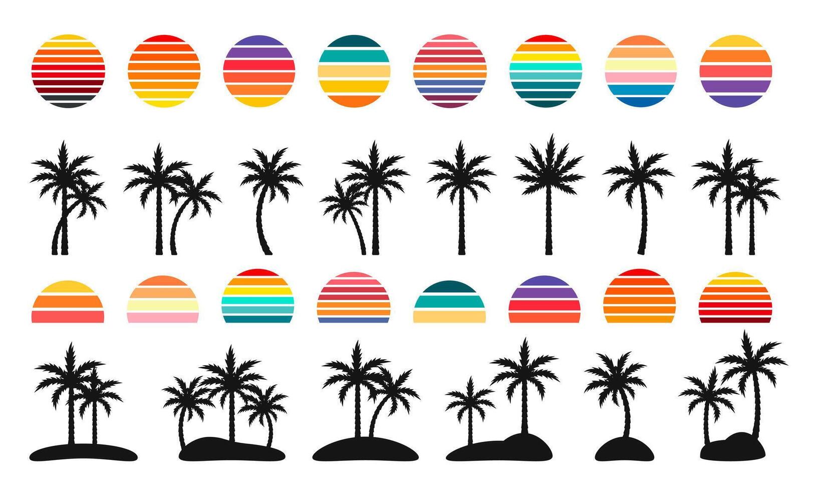 zomer zonsondergang element verzameling. palm boom en retro zonsondergang. wijnoogst zonsondergang verzameling vector