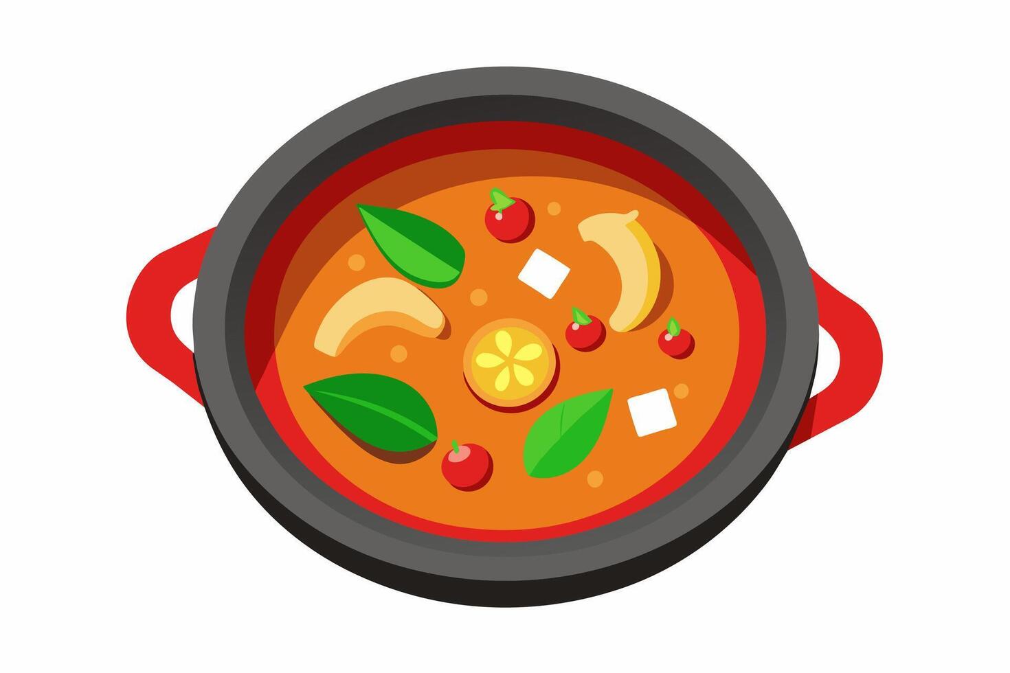Thais Tom jammie soep met garnalen, paddestoelen, vers kruiden. aromatisch pittig bouillon. concept Aziatisch culinair, Thais keuken, exotisch dineren, traditioneel gerecht. grafisch kunst. geïsoleerd Aan wit. top visie vector