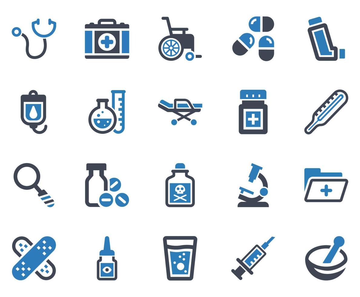 medische apparatuur icon set - vectorillustratie. medisch, diagnose, gezondheidszorg, stethoscoop, rolstoel, injectie, eerste hulp, vijzelstamper, thermometer, medicatie, pillen, behandeling, pictogrammen. vector