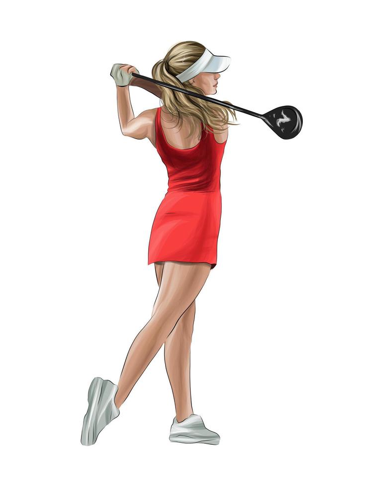 vrouwelijke golfspeler die de bal raakt, kleurtekening, realistisch. vectorillustratie van verf vector
