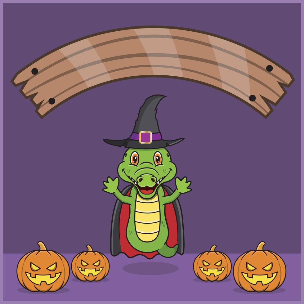 schattig krokodildier dat vampierhalloween op maat draagt, met lege ruimtebanner, pompoenen en vliegpositie. vector