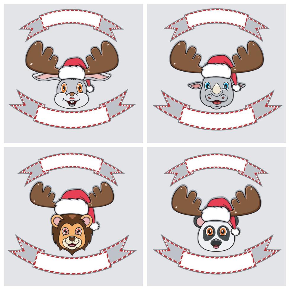 stel schattige dieren hoofd karakter. voor logo, embleem en label met kerstmuts. konijn, neushoorn, leeuw en panda. vector