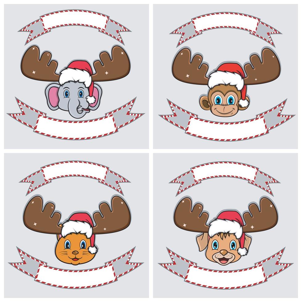 stel schattige dieren hoofd karakter. voor logo, embleem en label met kerstmuts. olifant, aap, kat en hond. vector