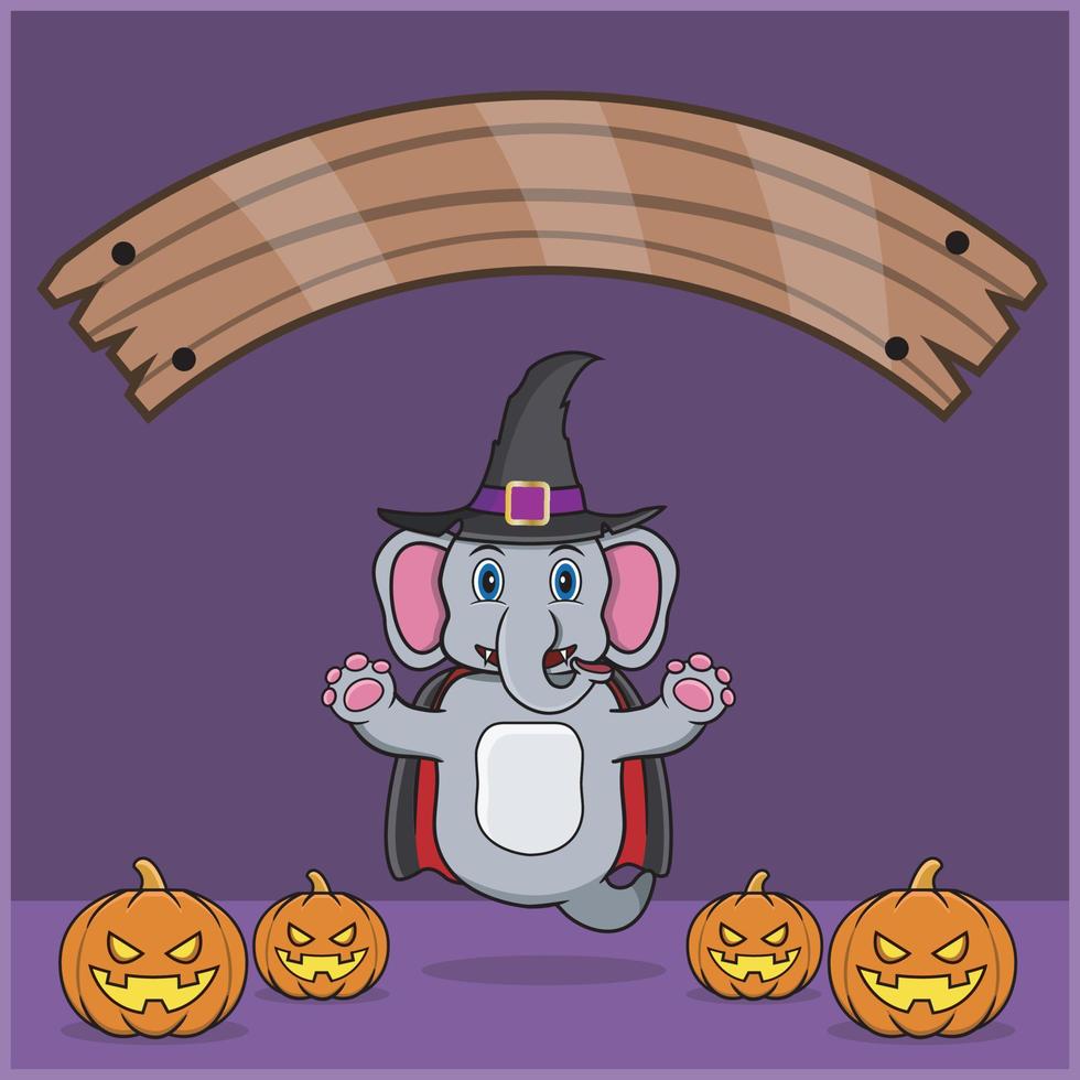 schattig olifantsdier met vampier halloween custome, met lege ruimtebanner, pompoenen en vliegende positie vector