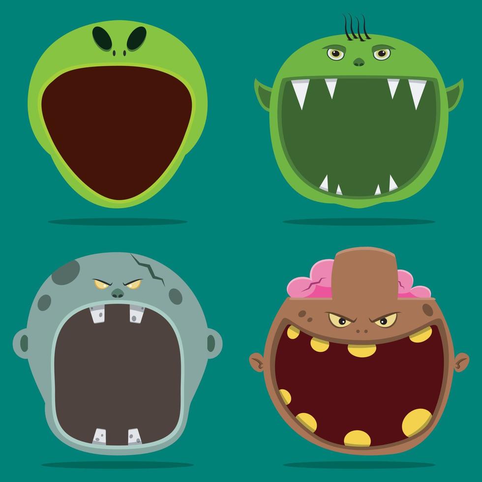 vier halloween karakter hoofd en open mond. alien, goblin, grijze zombie en bruin zombiekarakter. vector