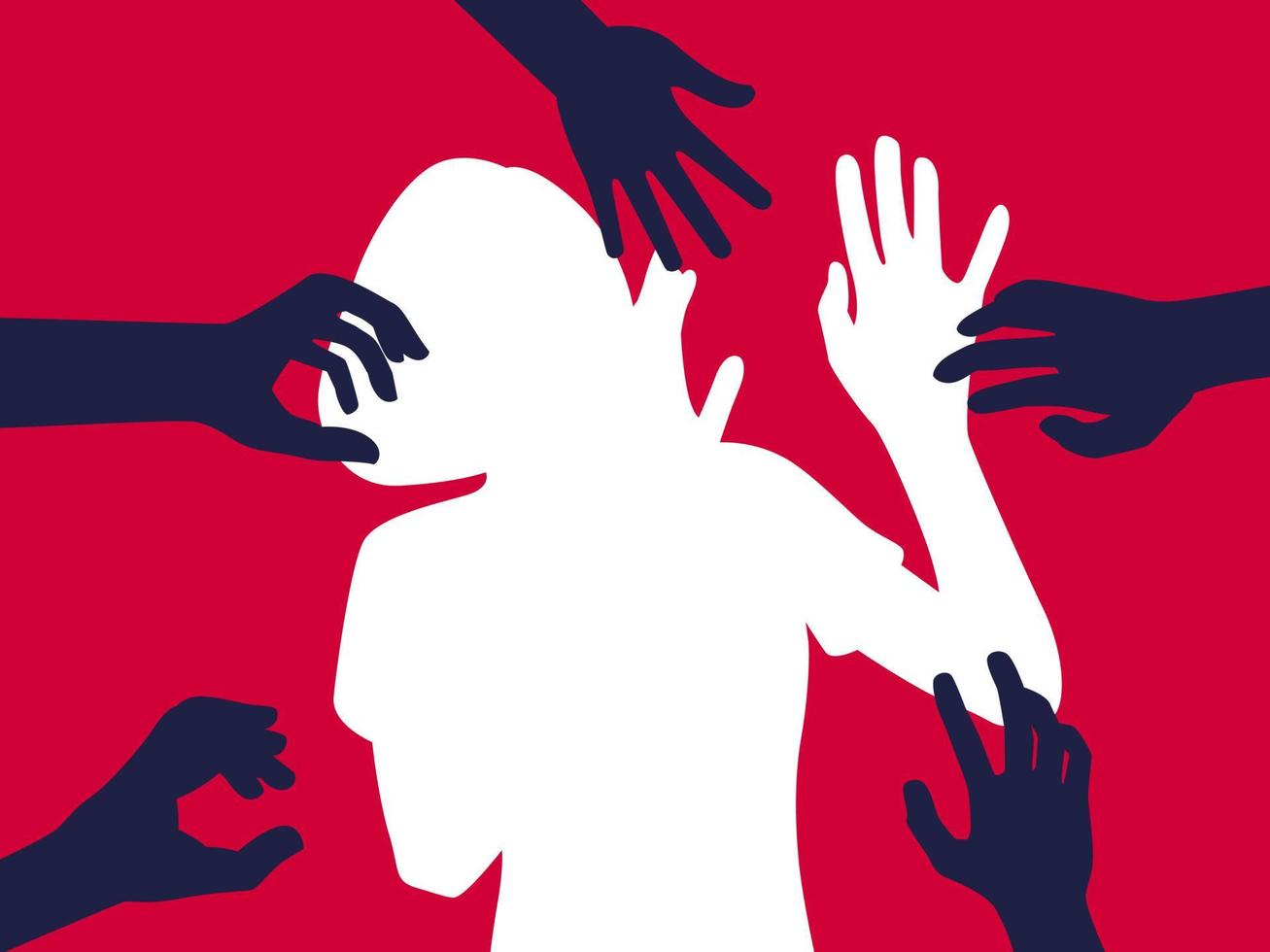 silhouet van vrouw, intimidatie vectorillustratie. handen van de man die vrouwen aanraakt. geweld tegen vrouwen, pesten op het werk concept. plat concept, tekst, blauw, wit, slachtoffer, seksueel, verkrachting vector