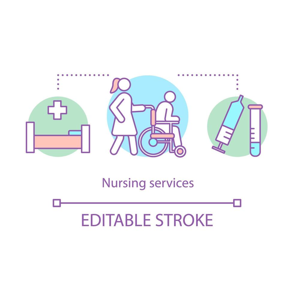 verpleegkundige dienstverlening concept icoon. medische hulp idee dunne lijn illustratie. griep injectie. revalidatiecentrum. letsel, traumabehandeling in de kliniek. vector geïsoleerde overzichtstekening. bewerkbare streek