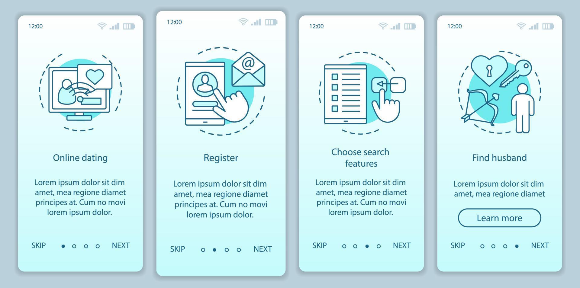 online dating onboarding mobiele app pagina scherm vector sjabloon. registreer, kies zoekfuncties, vind website-instructies voor echtgenoot met lineaire illustraties. ux, ui, gui smartphone-interfaceconcept