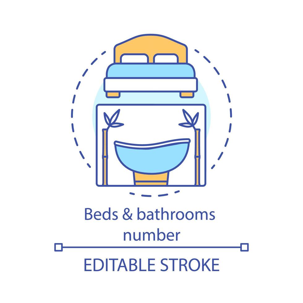 bedden en badkamers nummerconcept icoon. woonvoorzieningen, voorzieningen. tweepersoonsbed, ligbad. slaapkamer en toilet hoeveelheid idee dunne lijn illustratie. vector geïsoleerde overzichtstekening. bewerkbare streek