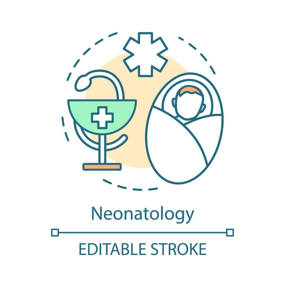 neonatologie concept icoon. baby check-up. babykamer. neonatale reanimatie. kinderkliniek. pasgeboren zorg service idee dunne lijn illustratie. vector geïsoleerde overzichtstekening. bewerkbare streek