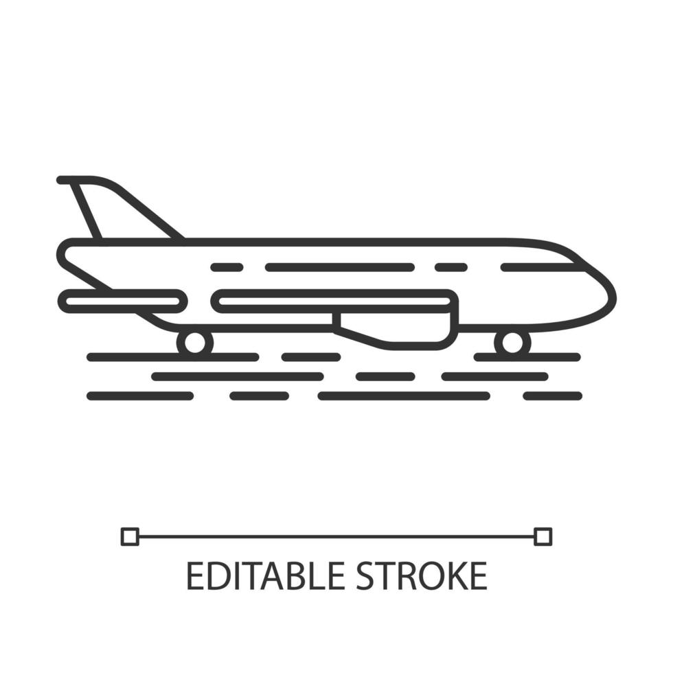 vliegtuig op grond lineaire pictogram. jet landingsbaan. landingsbaan voor vliegtuigen. lucht terminal. luchtvaart dienst. dunne lijn illustratie. contour symbool. vector geïsoleerde overzichtstekening. bewerkbare streek