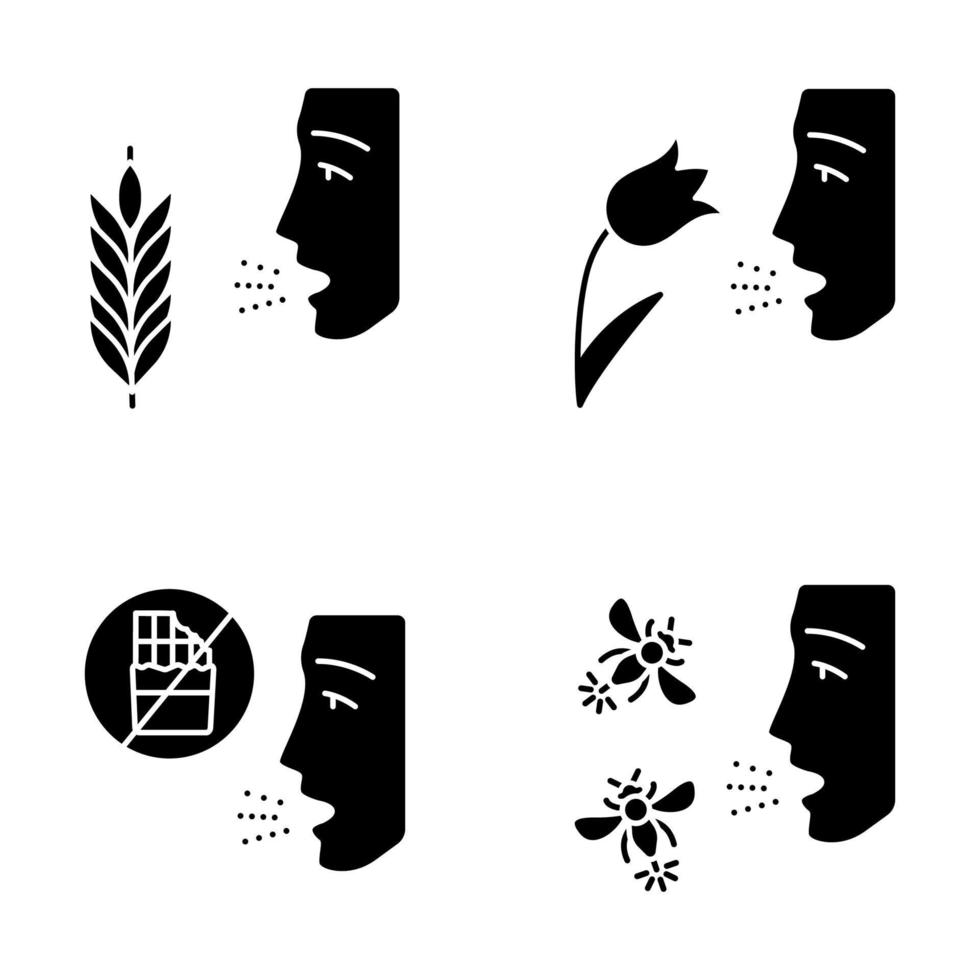 allergieën glyph pictogrammen instellen. hooikoorts, voedselallergie en insectensteken. gevoeligheid van het immuunsysteem. allergeen bronnen. medisch probleem. silhouet symbolen. vector geïsoleerde illustratie