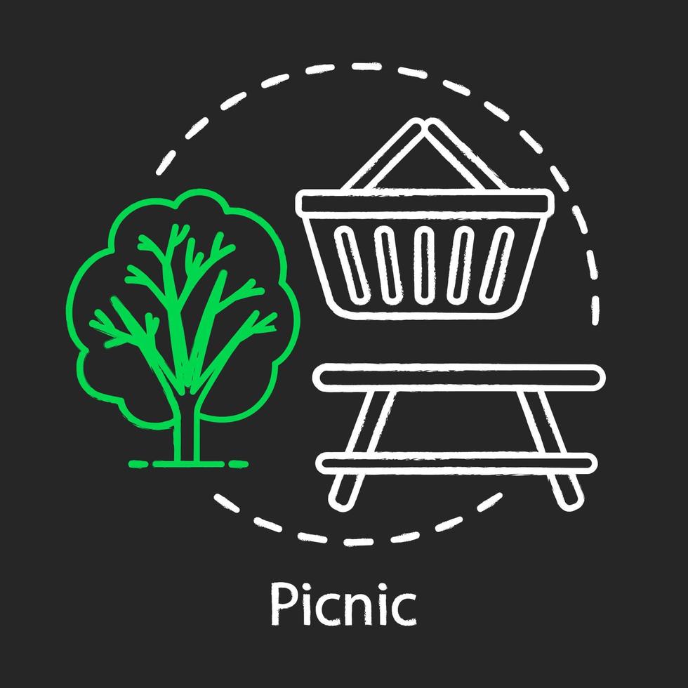 picknick krijt concept icoon. gezinsactiviteiten met kinderen idee. buiten eten. lunch in de natuur met briljant eten. vector geïsoleerde schoolbordillustratie