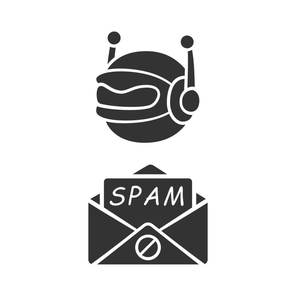 spambot glyph-pictogram. virus advertenties. spam-bot. kwaadaardige phishing-sites. spam reclame software verzenden. internet spammer. silhouet symbool. negatieve ruimte. vector geïsoleerde illustratie