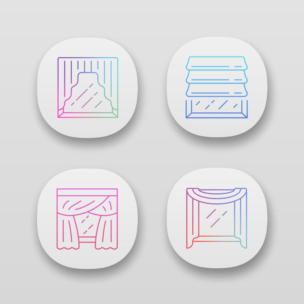 raam gordijnen app pictogrammen instellen. vouwgordijnen, volants, priscilla gordijnen, raam sjaal. interieur inrichting. ui ux-gebruikersinterface. web- of mobiele applicaties. geïsoleerde vectorillustraties vector