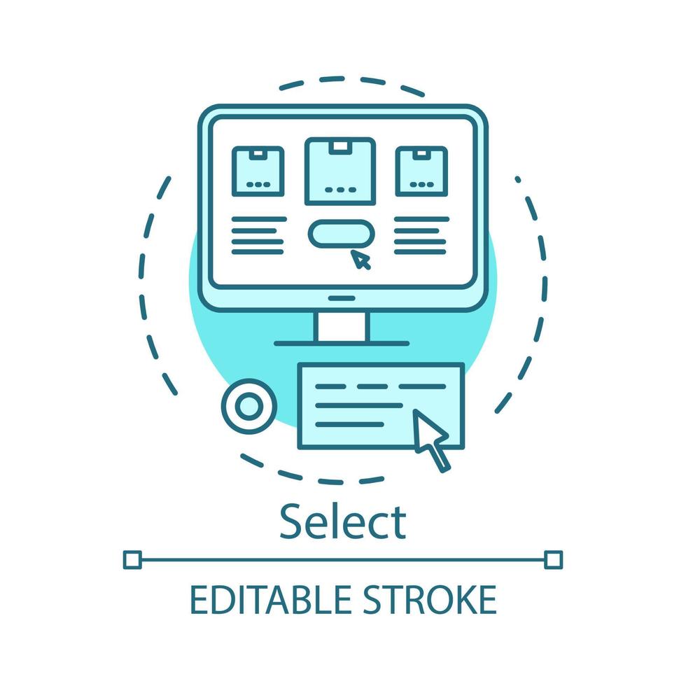 selecteer conceptpictogram. online winkelen idee dunne lijn illustratie. e-commerce. bedrijfsmanagement. digitale aankoop. plaats bestelling. betaal- en bezorgmogelijkheden. vector geïsoleerde tekening. bewerkbare streek