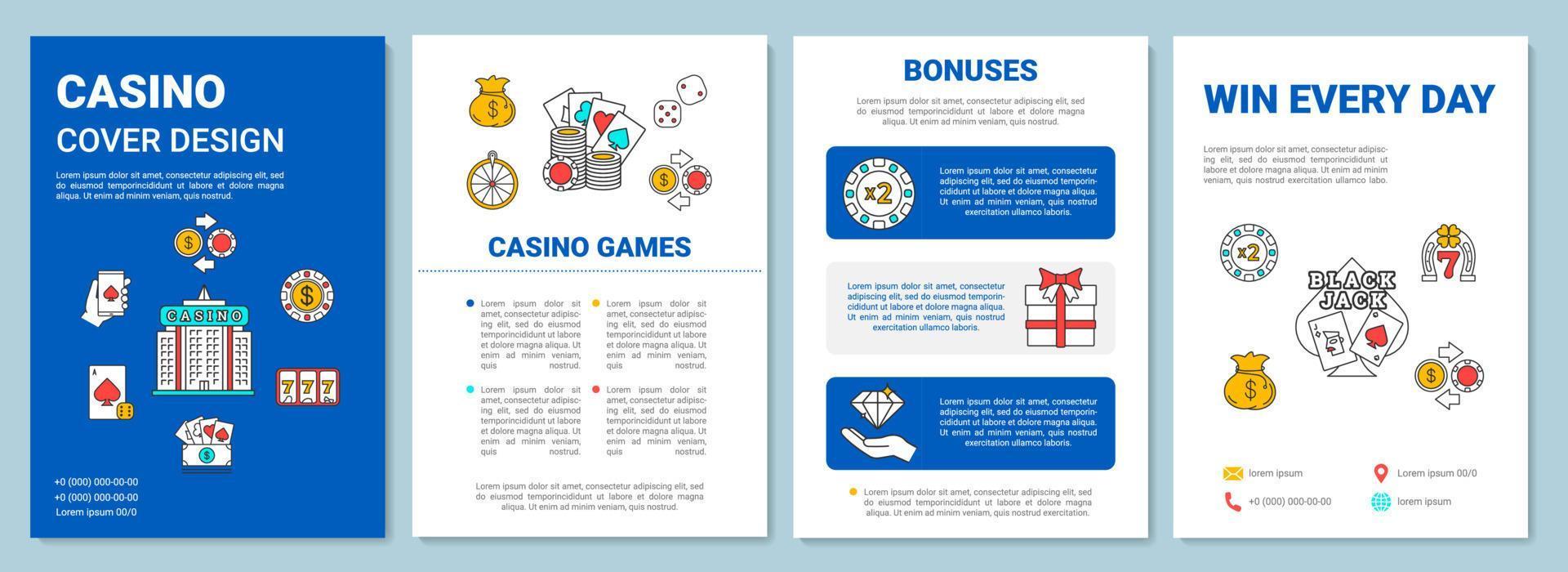 casino brochure sjabloon lay-out. gokken. kaartspellen, slots, weddenschappen. flyer, boekje, folder print ontwerp met lineaire pictogrammen. vectorpaginalay-outs voor tijdschriften, jaarverslagen, reclameposters vector