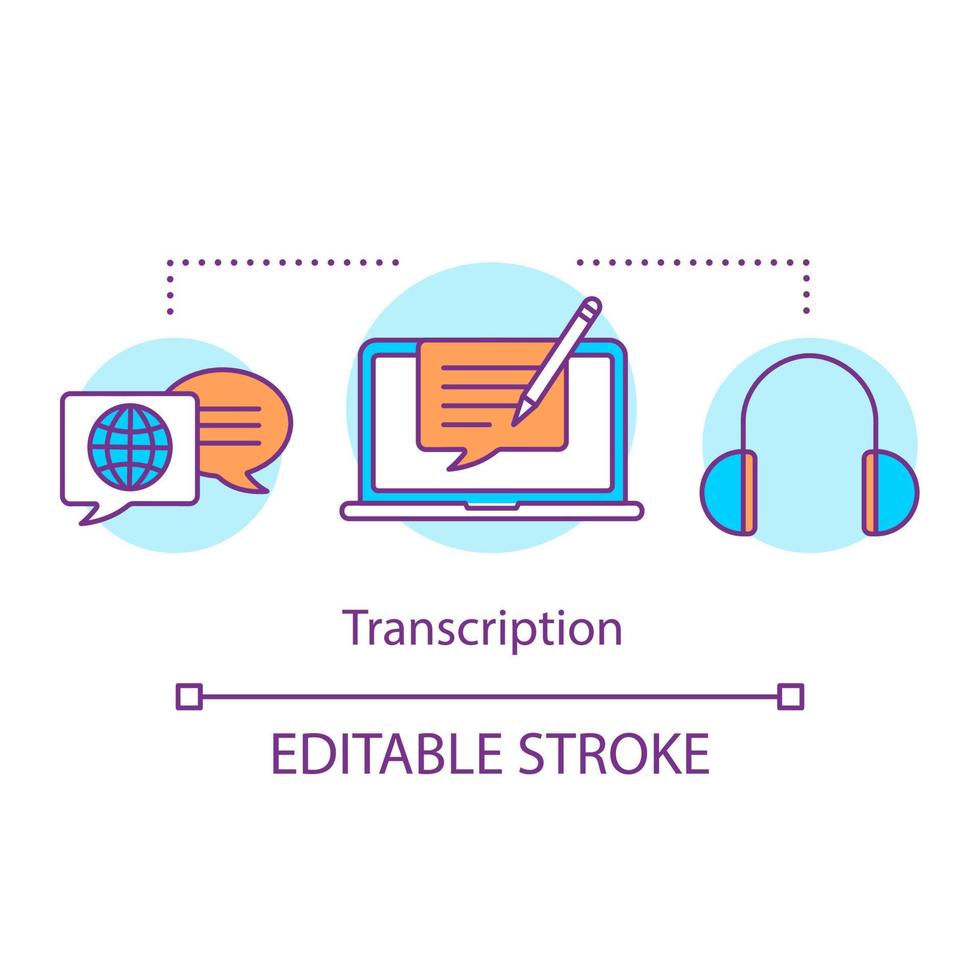 vertaaldiensten concept icoon. audio transcriptie idee dunne lijn illustratie. spraak opschrijven, gesprek opnemen op papier, tekstbestand. vector geïsoleerde overzichtstekening. bewerkbare streek