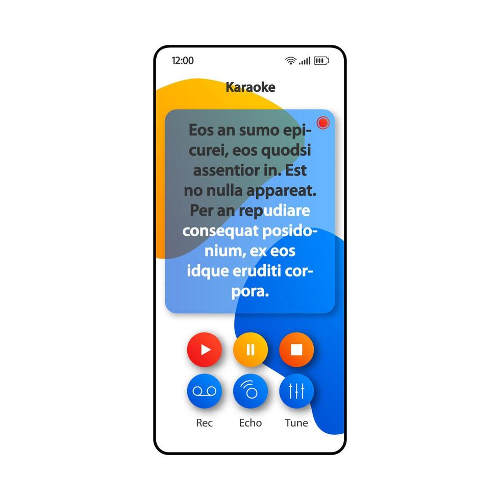 karaoke smartphone-interface vector sjabloon. mobiele app pagina blauw en wit ontwerp lay-out. songtekst scherm. platte ui voor toepassing. digitaal entertainment, muziek leuk telefoondisplay