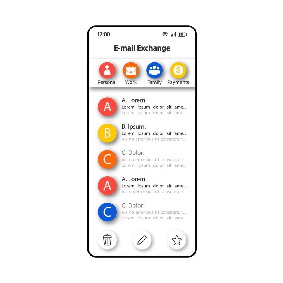 e-mail uitwisseling smartphone interface vector sjabloon. mobiele app pagina wit ontwerp lay-out. scherm inkomende brieven. platte ui voor toepassing. persoonlijke correspondentie manager telefoon display