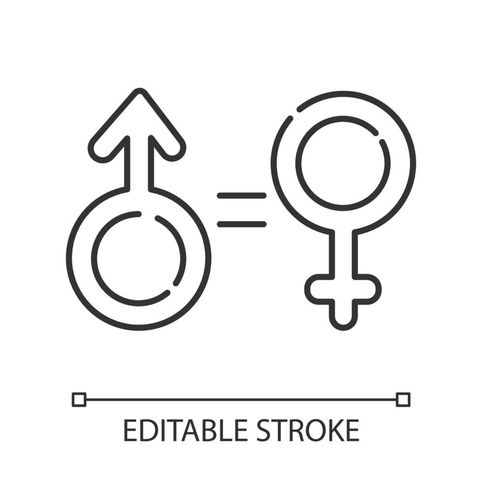 gendergelijkheid lineaire pictogram. vrouwen- en mannenrechten. vrouwelijk, mannelijk teken. feminisme. eerlijke relatie. dunne lijn illustratie. contour symbool. vector geïsoleerde overzichtstekening. bewerkbare streek