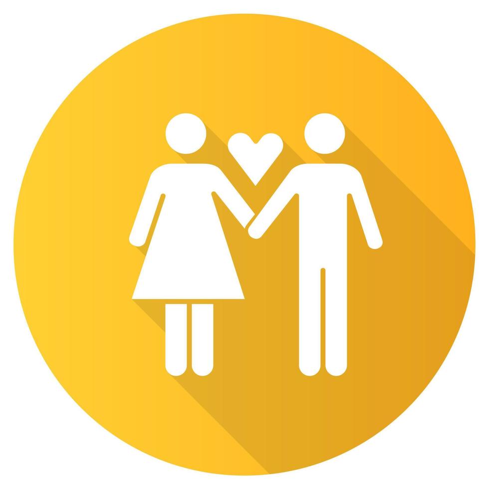 slechts één partner geel plat ontwerp lange schaduw glyph-pictogram. vriendinnetje en vriendje. vrouw en man verliefd. veilige seks. partner, valentijn. monogamie voor een gezond seksleven. vector silhouet illustratie