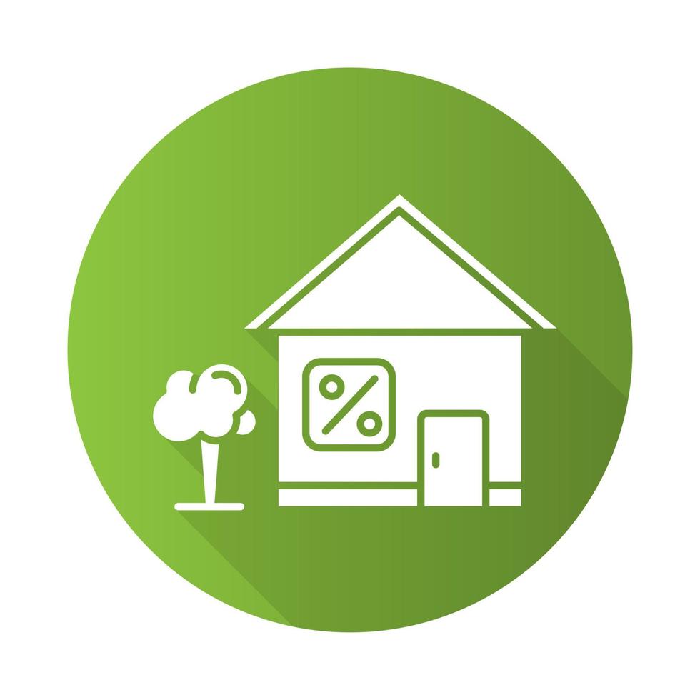 woningkrediet groen plat ontwerp lange schaduw glyph pictogram. krediet met rente om onroerend goed gebouw te kopen. huis kopen, huren. geld lenen om appartement te kopen. vector silhouet illustratie