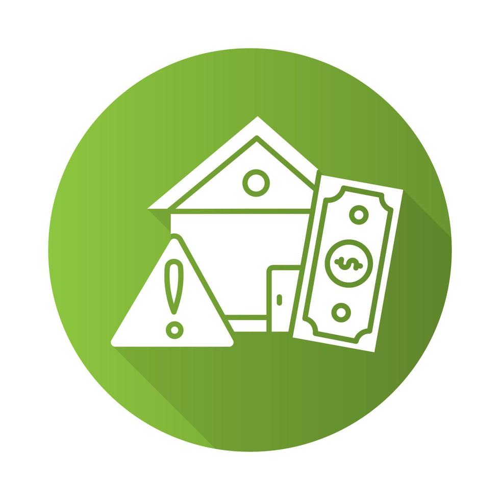 woningkrediet risico groen plat ontwerp lange schaduw glyph pictogram. krediet met rente om onroerend goed gebouw te kopen. schulden gevaar vorm huis kopen. investering, hypotheek. vector silhouet illustratie