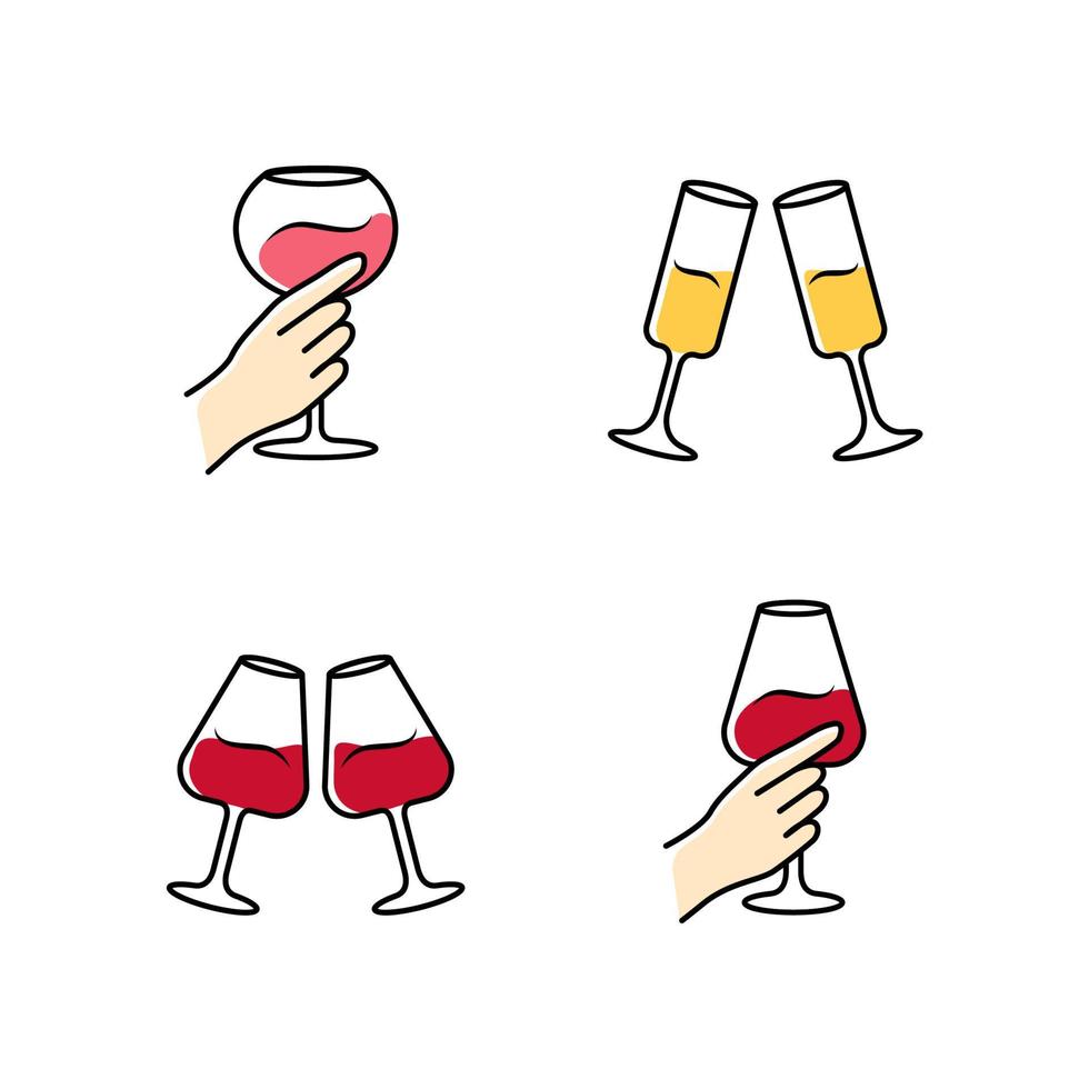 wijn service kleur pictogrammen instellen. rammelende glazen champagne en rode wijn. handen met alcoholische dranken. feest, feest. bruiloft. glaswerk, wijnmakerij. Proost. geïsoleerde vectorillustraties vector