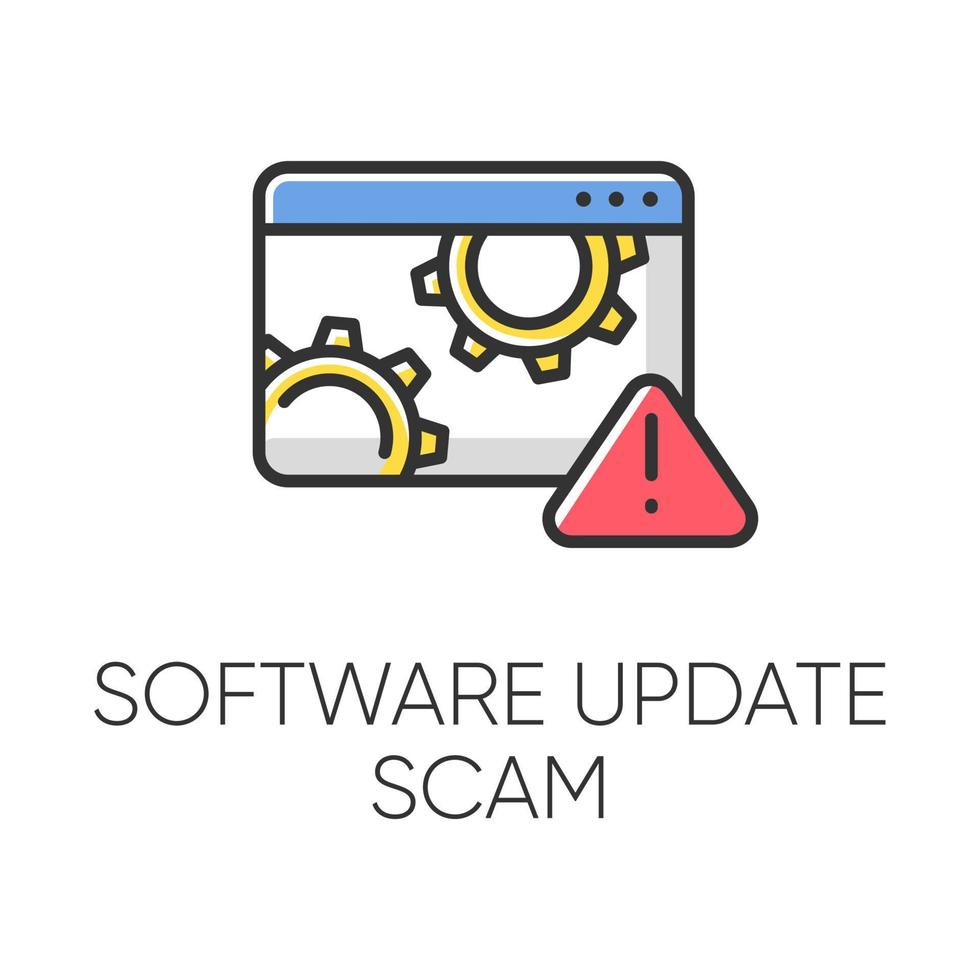 software-update scam kleur icoon. nep systeem, programma upgrade. malware. misleidende pop-upadvertentie. financiële fraude. kwaadaardige praktijk. frauduleuze regeling. geïsoleerde vectorillustratie vector