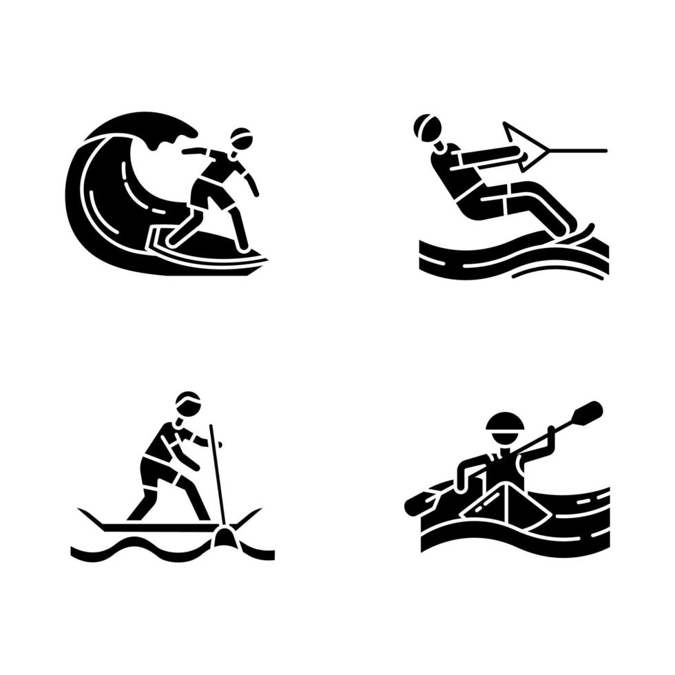 watersport glyph pictogrammen instellen. surfen, waterskiën, raften en supboarden. extreme sporten. zomervakantie vrije tijd, avonturen. silhouet symbolen. vector geïsoleerde illustratie