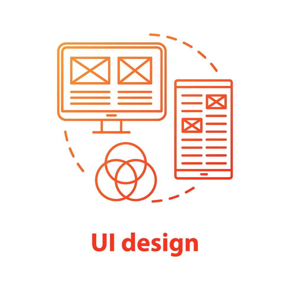 ui ontwerpconcept icoon. software grafische interface ontwikkeling idee dunne lijn illustratie. het ontwerpen van creatieve visuals voor mobiele applicaties. website bouwer. vector geïsoleerde overzichtstekening