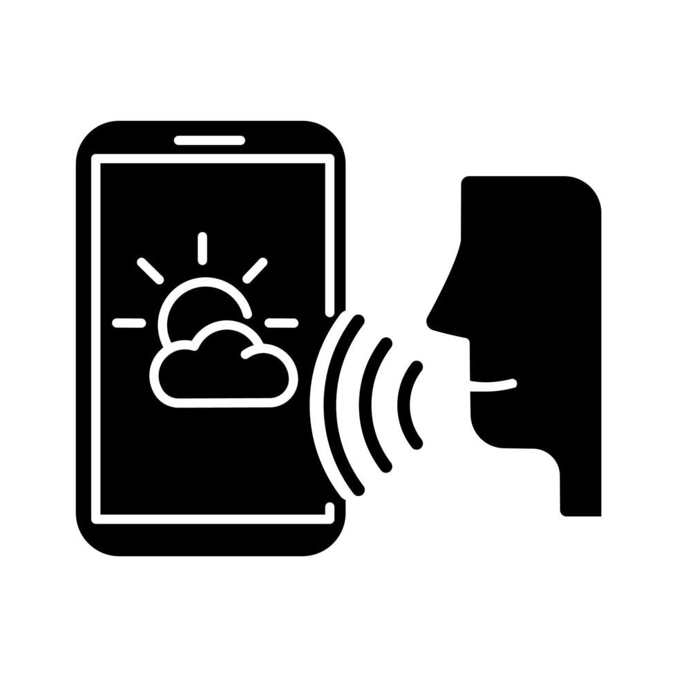 weersvoorspelling voice search glyph icoon. smartphone geluid commando idee. meteorologie-app, mobiele applicatie. audio verzoek. silhouet symbool. negatieve ruimte. vector geïsoleerde illustratie