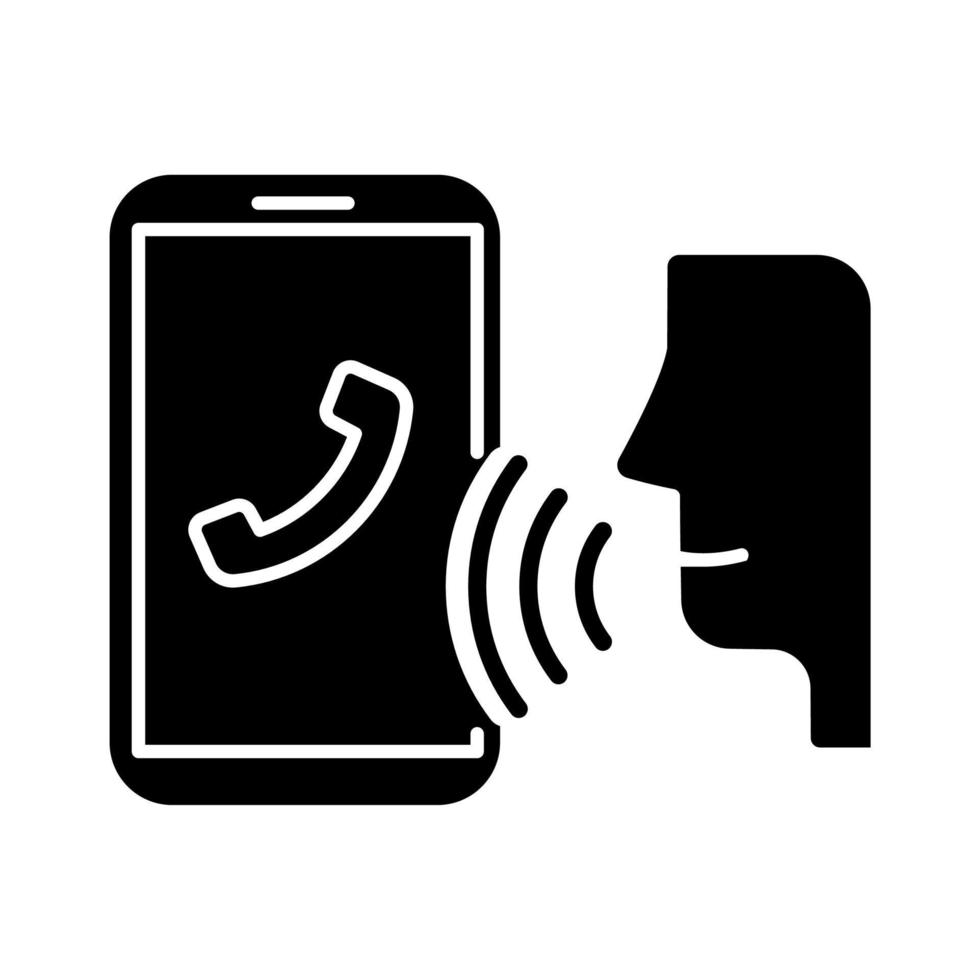 spraakgestuurde glyph-pictogram. smartphone-oproep, spraakbesturing, spraakherkenning. telefoongesprek. geluid commando systeem. silhouet symbool. negatieve ruimte. vector geïsoleerde illustratie