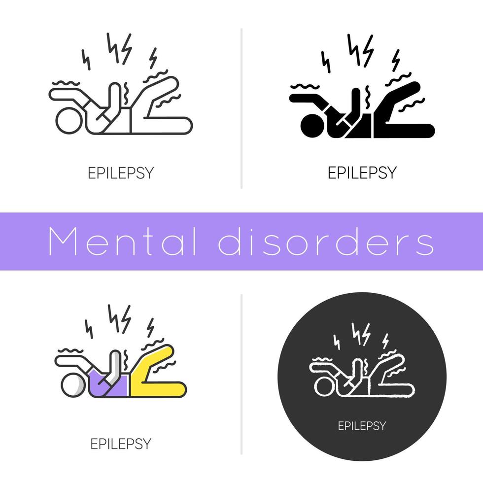 epilepsie icoon. krampachtige aanval. trillen en trillen. bewegingsproblemen. epileptische beroerte. abnormale activiteit. mentale stoornis. plat ontwerp, lineaire en kleurstijlen. geïsoleerde vectorillustraties vector