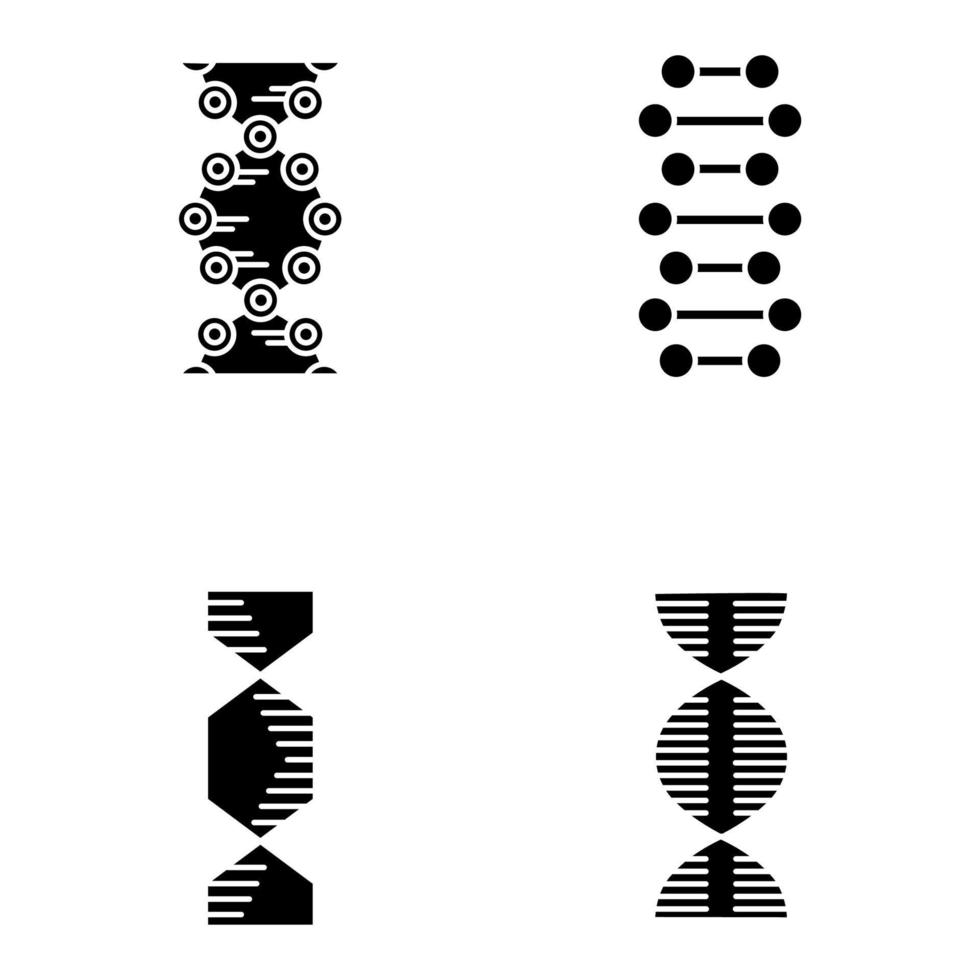 dna spiraal kettingen glyph pictogrammen instellen. deoxyribonucleic, nucleïnezuur helix. spiraalvormige strengen. chromosoom. moleculaire biologie. genetische code. genetica. silhouet symbolen. vector geïsoleerde illustratie