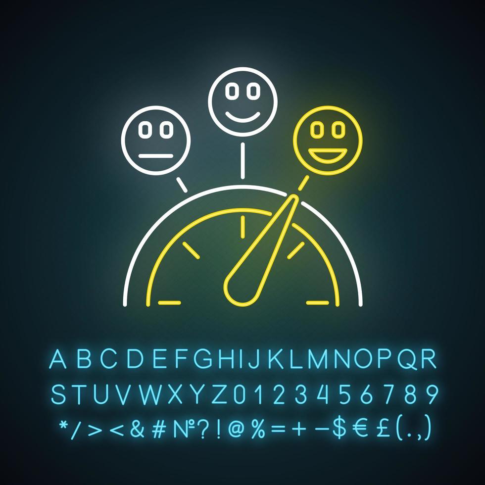 tevredenheidsniveau neonlichtpictogram. goede en slechte ervaring. emotie meter. positief negatief. schaal met emoticons. gloeiend bord met alfabet, cijfers en symbolen. vector geïsoleerde illustratie