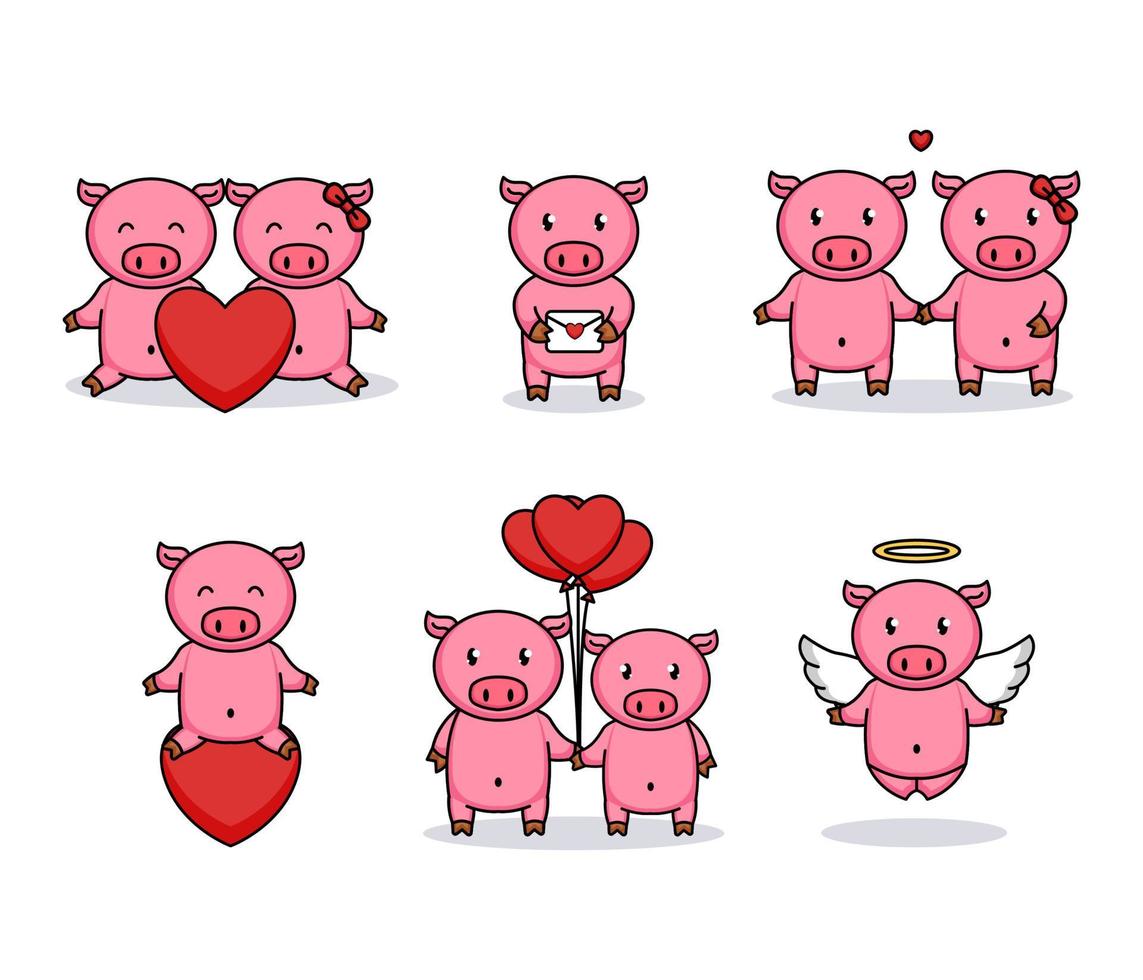 set van schattige paar varkens houden van valentijnsdag vector