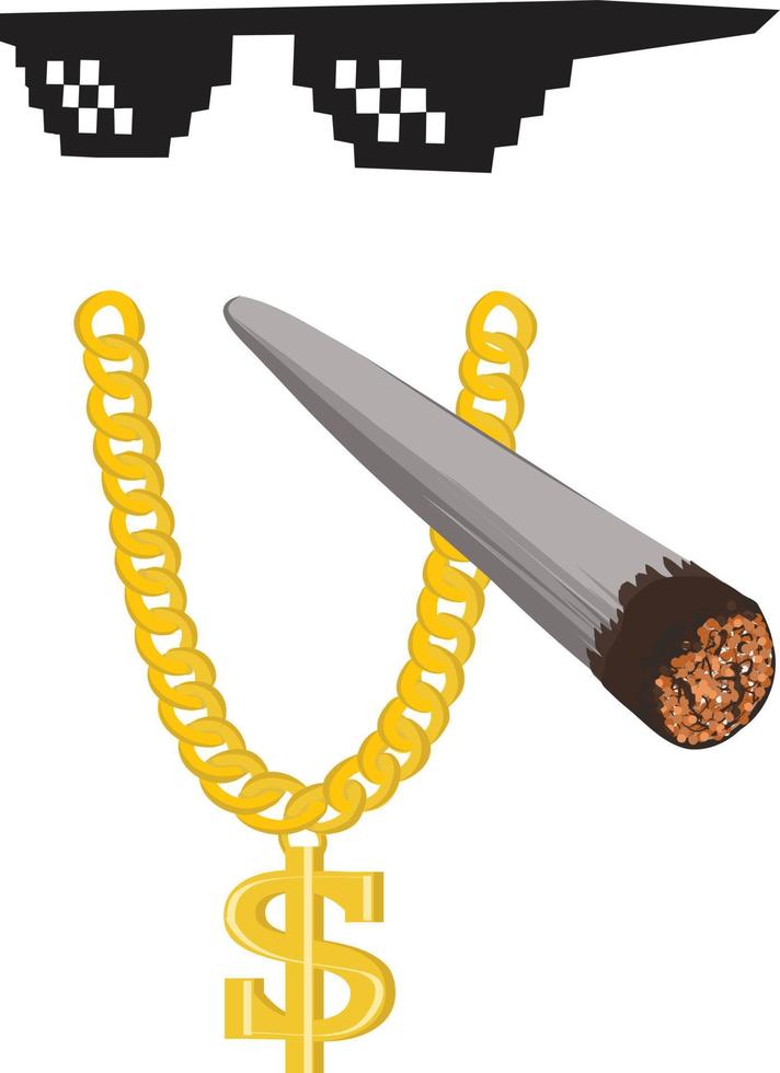 thug life gangsta bling kettinggewricht en bril set. grote hanger met dollarteken en gouden ketting met verlichte marihuana-sigaret en coole 2D-pixelbril. thug life ingesteld. vector