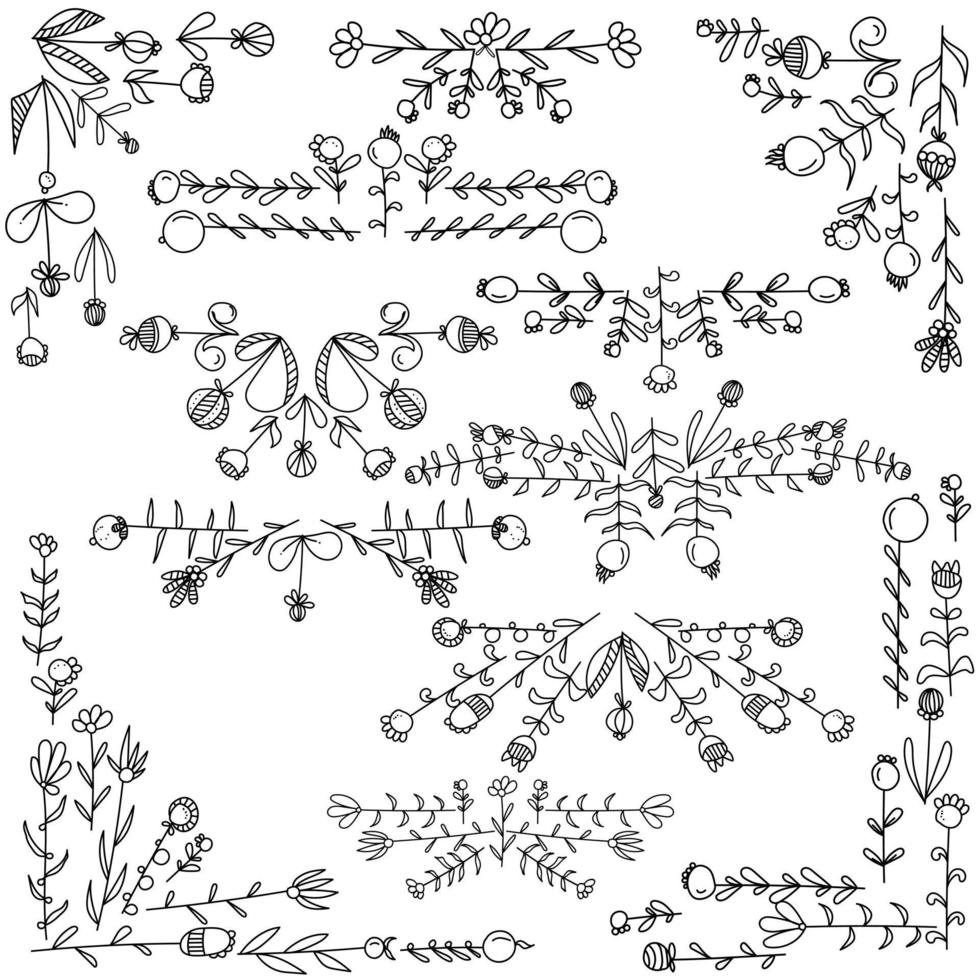 een reeks hoeken, decoratieve heersers van doodle bloemen met verschillende afgeronde bloembladen en bladeren, plantelementen voor het maken van abstracte bloemencomposities vector